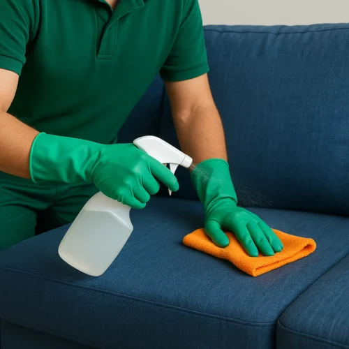 Pulvérisation de produit puis essuyage microfibre sur canapé bleu – nettoyage canapé Toulouse et alentours.