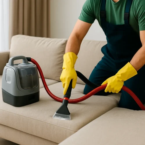 Technicien utilisant un extracteur portable à tuyau rouge sur canapé beige – nettoyage canapé Toulouse et alentours.