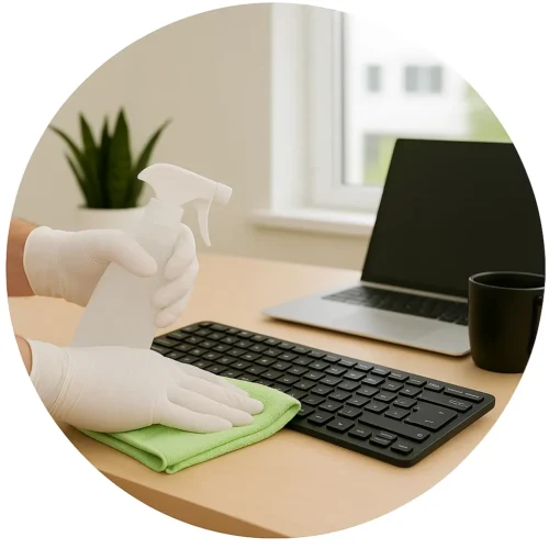 Mains gantées nettoyant un clavier avec spray et microfibre verte, laptop à côté – nettoyage bureaux Toulouse et alentours.