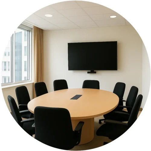 Salle de réunion moderne avec grande table ovale et écran mural – nettoyage bureaux Toulouse et alentours.