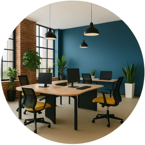 Open space industriel (briques, mur bleu, chaises jaunes) – nettoyage bureaux Toulouse et alentours.