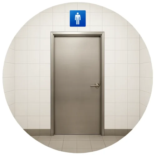 Porte de sanitaires en inox avec panneau bleu sur carrelage blanc – nettoyage bureaux Toulouse et alentours.